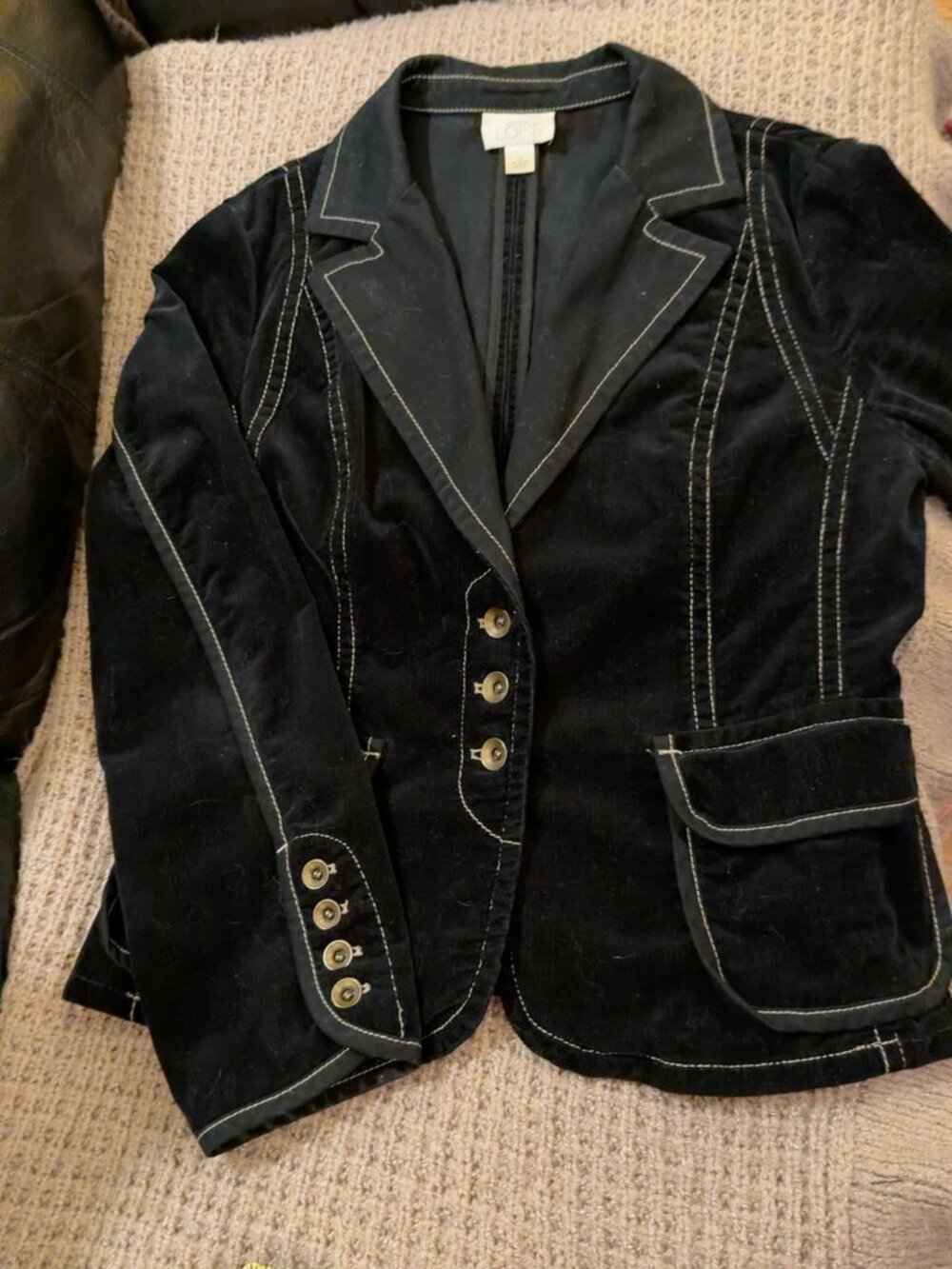 Ann Taylor Loft Black Velvet Blazer Contrast Stitch